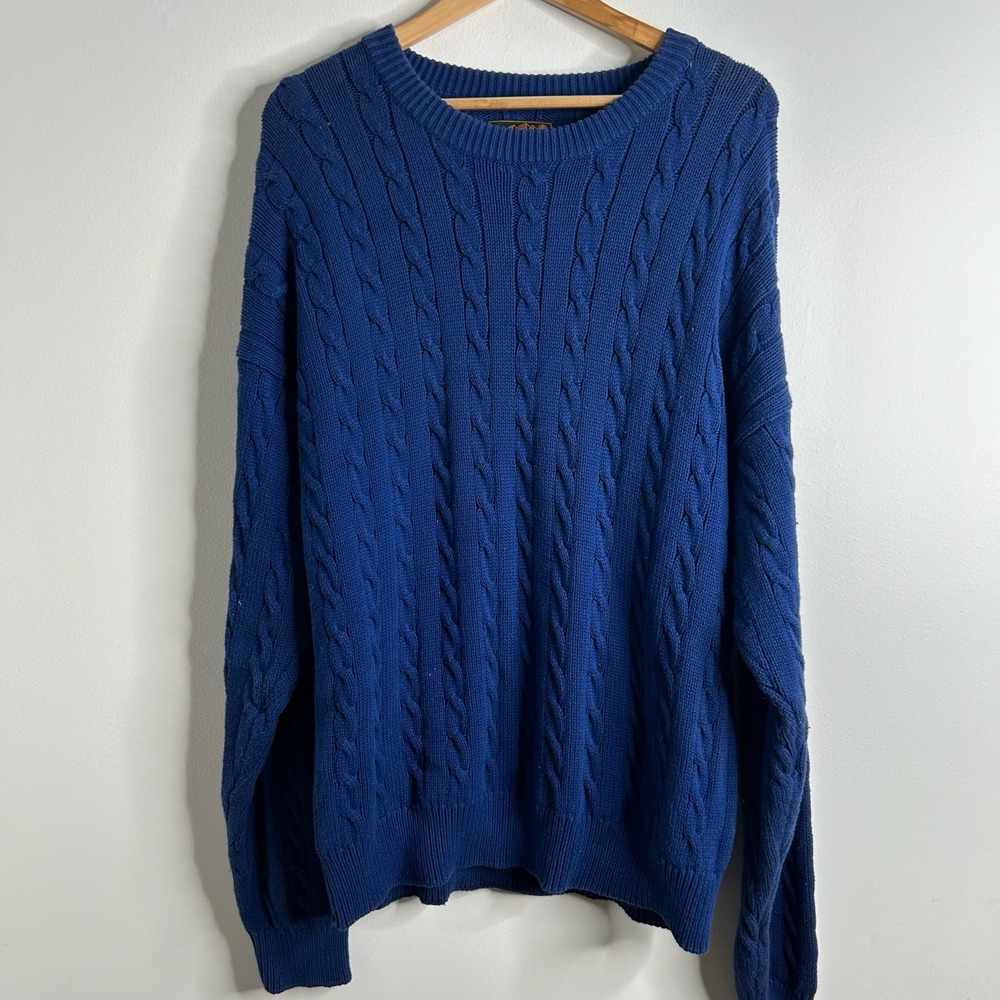 VTG Eddie Bauer Royal Blue Cable Knit Cotton Sweater Mens XL Fisherman Classic